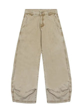 Men’s plus size beige wide-leg denim jeans with relaxed fit and subtle distressing at cuffs in full size wide leg
