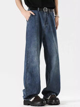 Men’s dark blue wide leg denim jeans with vintage wash and relaxed fit featuring visible stitching plus size