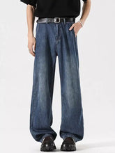 Men’s dark blue wide leg denim jeans with vintage wash and relaxed fit in full size plus size options
