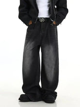 Men’s full size wide leg wash jeans in black denim with faded wash and distressed details for a perfect fit