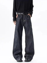 Men’s dark indigo denim wide leg wash jeans with subtle stitching and a relaxed tapered fit in full size wide leg