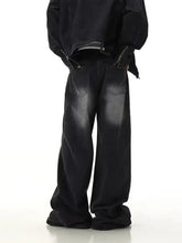 Men’s full size wide leg black denim jeans with glossy worn finish, classic stitching provide perfect fit and comfort