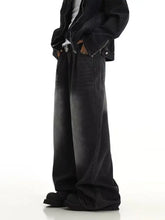 Men’s full size wide leg jeans provide a perfect fit with black faded wash denim and visible stitching details