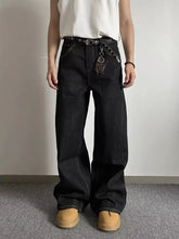 Men’s full size wide leg black denim jeans in premium cotton blend with relaxed fit and visible stitching details