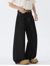 Men’s black wide leg wash denim jeans with white stitching and classic five-pocket design in plus size