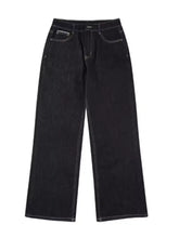Men’s full size wide leg black denim jeans with white stitching made from premium cotton blend fabric