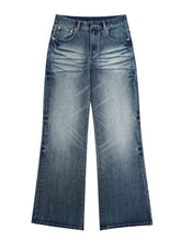 Men’s dark-wash denim wide-leg jeans with a relaxed fit and subtle fading patterns in plus size