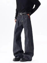 Men’s dark indigo denim wide leg wash jeans with relaxed fit and visible stitching in plus size wide leg style