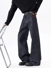 Men’s full size wide leg wash jeans in dark-wash denim with relaxed wide leg and visible stitching details