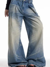 Men’s full size wide leg denim jeans with a faded gradient wash from dark blue to light beige wide leg wash jeans