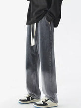 Men’s full size wide leg washed denim jeans in grey wash with relaxed straight-leg cut and white drawstrings