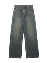 Men’s full size wide leg washed jeans in dark gray denim with slight stretch and faded wash for comfortable fit