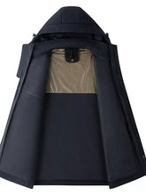 Men’s black size windproof hooded longline winter coat with quilted interior lining and adjustable cuffs in plus size