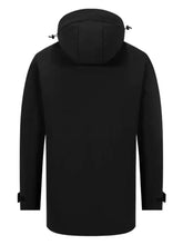 Men’s full size windproof hooded longline jacket in black with sleek minimalist design and adjustable cuffs