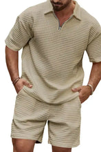 Beige textured men’s short-sleeved polo shirt with zipper placket in plus size machine wash cold tumble dry low