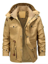 Men’s tan tactical-style jacket plus size with fleece lined detachable hood and multiple button flap pockets