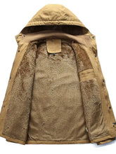 Tan hooded jacket plus size with fleece lined plush interior and durable outer shell for winter wear