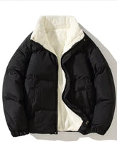 Men’s plus size fleece puffer jacket in dark gray with plush white shearling-lined collar and cuffs full zip up design