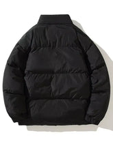 Men’s plus size fleece puffer jacket in dark gray with quilted design and ribbed cuffs for full zip up wear