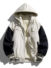 Men’s plus size full zip up hooded jacket cream varsity style with black sleeves and plush fleece interior