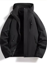 Men’s full size zip up hooded waterproof black outdoor jacket with multiple zippered pockets machine wash cold
