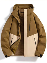 Men’s tan and cream two-tone waterproof jacket with hood and black trim, full zip, plus size, machine wash cold