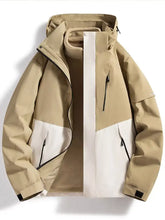 Men’s full size zip up hooded beige and white waterproof outdoor jacket with zippered pockets machine wash cold