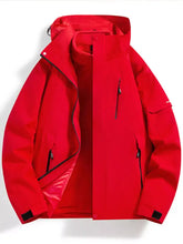 Men’s full size zip up hooded vibrant red waterproof outdoor jacket with black zippers and adjustable cuffs machine wash cold