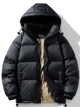 Black warm padded hooded full zip up puffer jacket with quilted design and gold honeycomb-patterned lining for men plus size