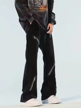 Men’s black velvet wide leg jeans with bold silver zipper accents along sides and legs plus size full size leg jeans