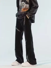 Men’s black velvet cargo wide leg jeans with silver zipper accents and distressed details plus size