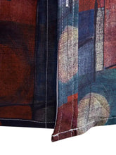 Mens geometric short sleeve button down shirt with abstract red blue beige pattern