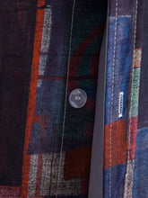 Mens geometric short sleeve button down shirt with blue white patchwork quilt and button closure