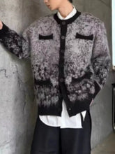 Men’s gradient long sleeve cardigan in gray black floral knit with trim