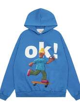 Mens graphic long sleeve hoodie with blue skateboarding character print
