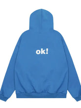 Mens graphic long sleeve hoodie in blue with oversized hooded sweatshirt and ok! print