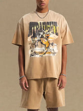 Mens graphic round neck half sleeve tan t-shirt and shorts set with horse graphic