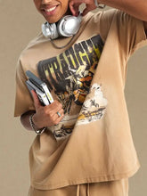Mens graphic round neck half sleeve tan t-shirt with vintage print