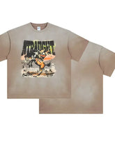 Mens graphic round neck half sleeve tan t-shirt with trauma cartoon design