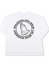 Mens graphic round neck long sleeve white t-shirt with praying hands design and realization vivid dream text in black, slightly stretchy material