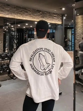 Mens graphic round neck white long sleeve t-shirt with praying hands, slightly stretchy