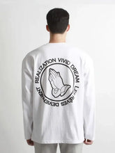 Mens graphic round neck white long sleeve shirt with praying hands graphic on back, slightly stretchy material