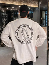 Mens graphic round neck white long sleeve shirt with praying hands, slightly stretchy