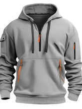 Light grey mens half zip drawstring hoodie with zippered pockets