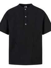 Mens henley structured black waffle knit short sleeve shirt