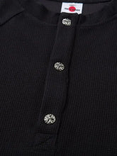 Mens Henley Structured Black Waffle Knit Short Sleeve Shirt