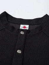 Mens Henley Structured Black Waffle Knit Shirt with Silver Buttons