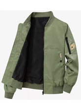 Men’s olive green lightweight hooded bomber jacket with black interior lining and patch on the sleeve
