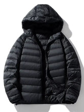 Men’s lightweight black puffer jacket with hood and horizontal stitching for casual outdoor wear