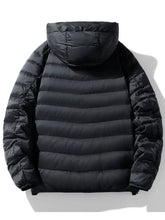 Men’s black lightweight puffer jacket with horizontal stitching and hood for casual outdoor wear